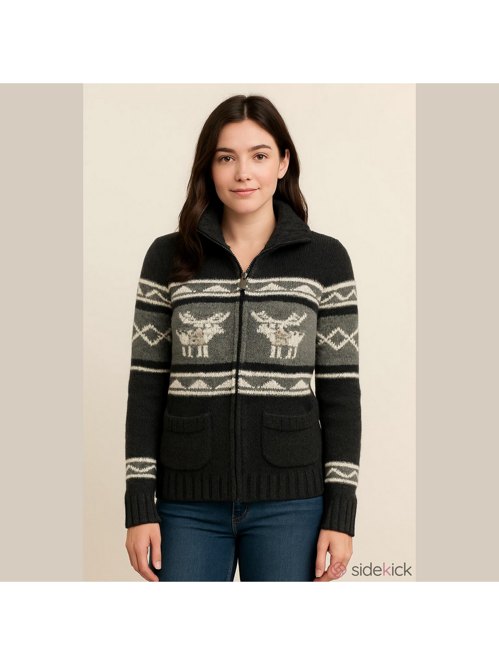 TNA Black and Gray Cowl Neck Lambswool Sweater with Reindeer Design size M